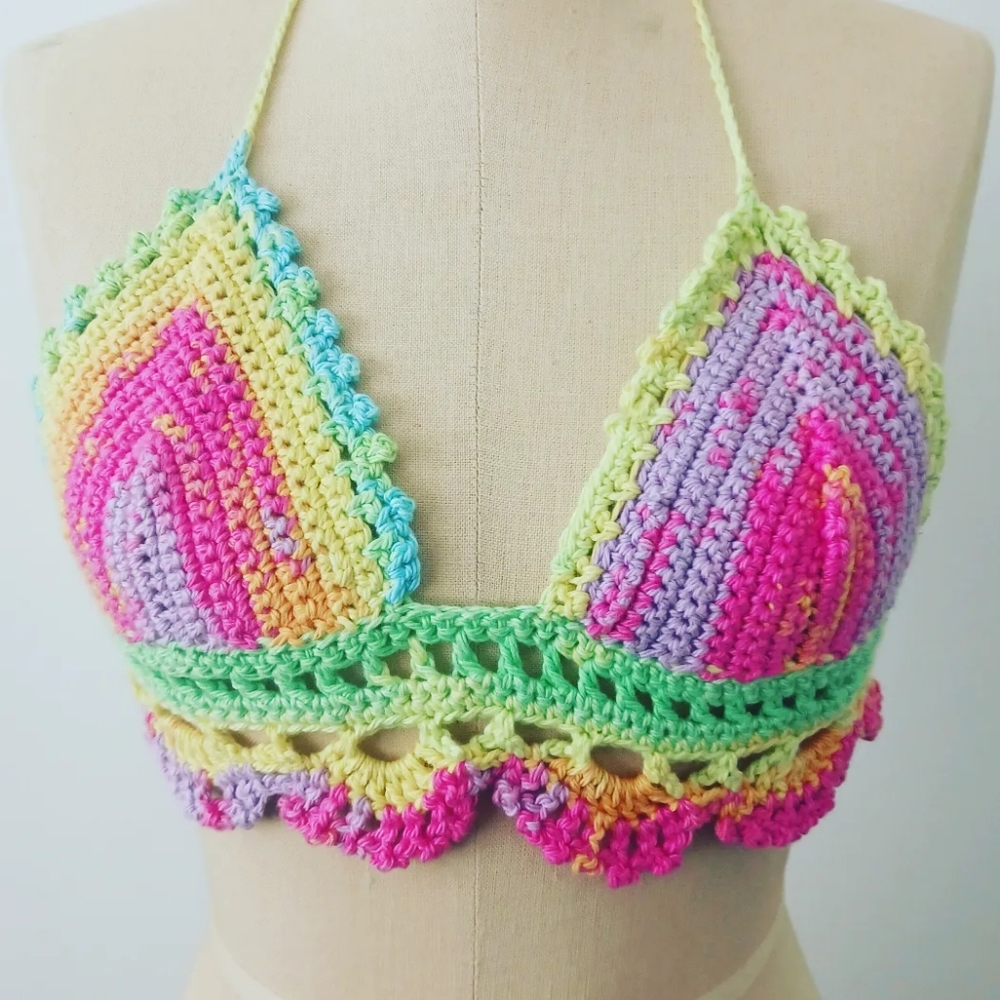 Tye-Dye Handmade Crochet bikini top. 100% cotton.